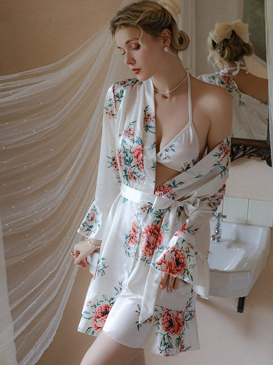 Floral print ice silk sleepwear robe set, photo 1