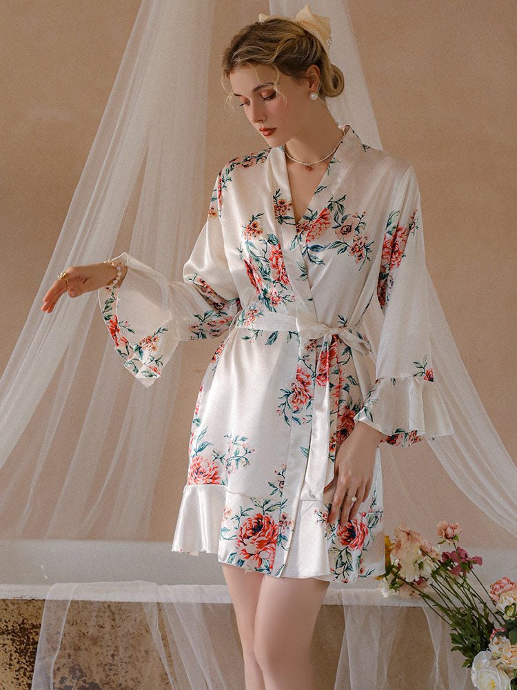 Floral print ice silk sleepwear robe set, photo 3
