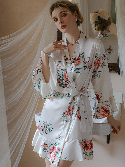 White floral print ice silk sleepwear robe set