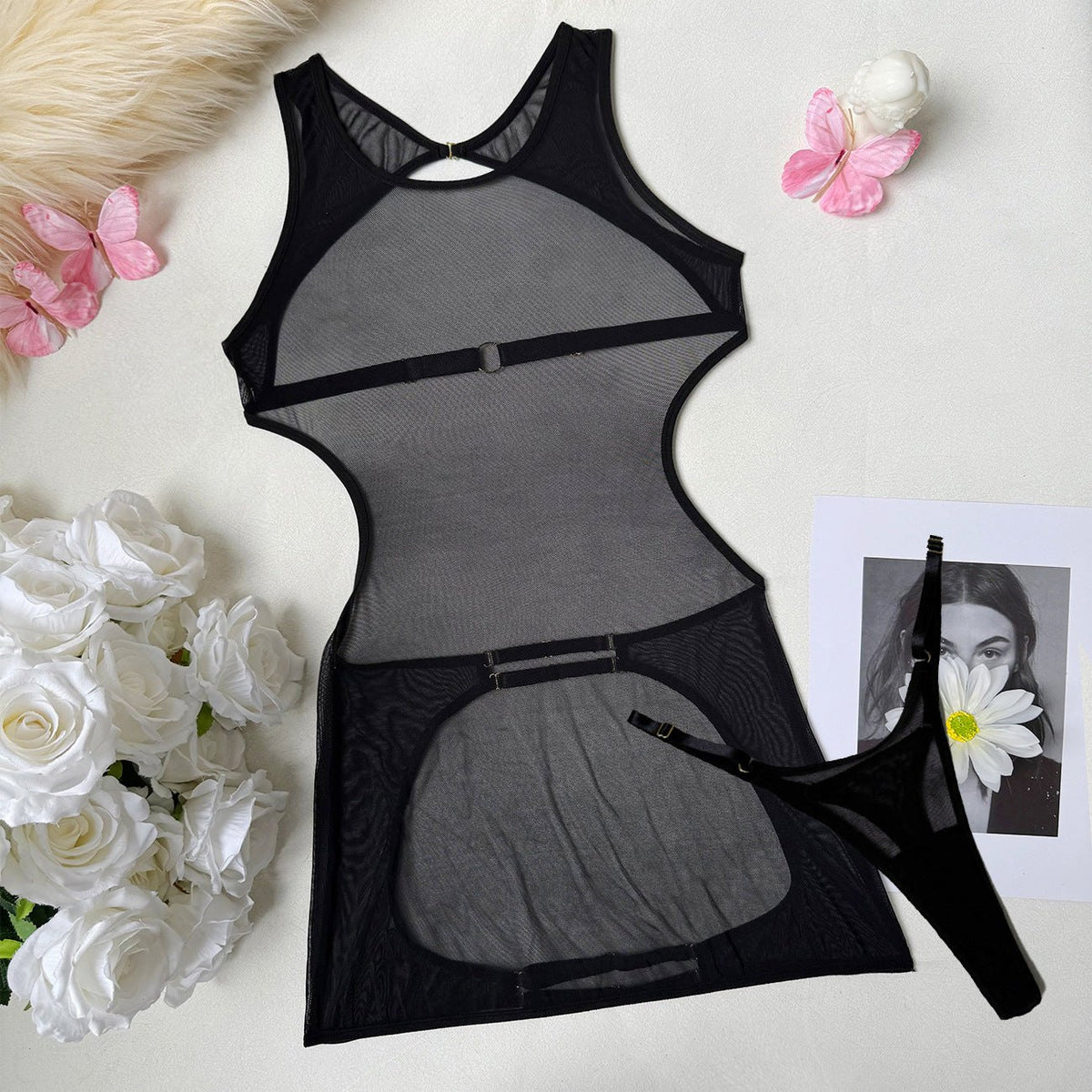 Black flower embroidered steel ring bra set