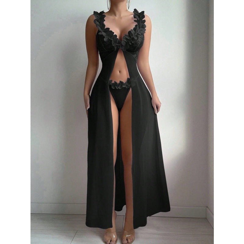 Black flower lace split suspender dress