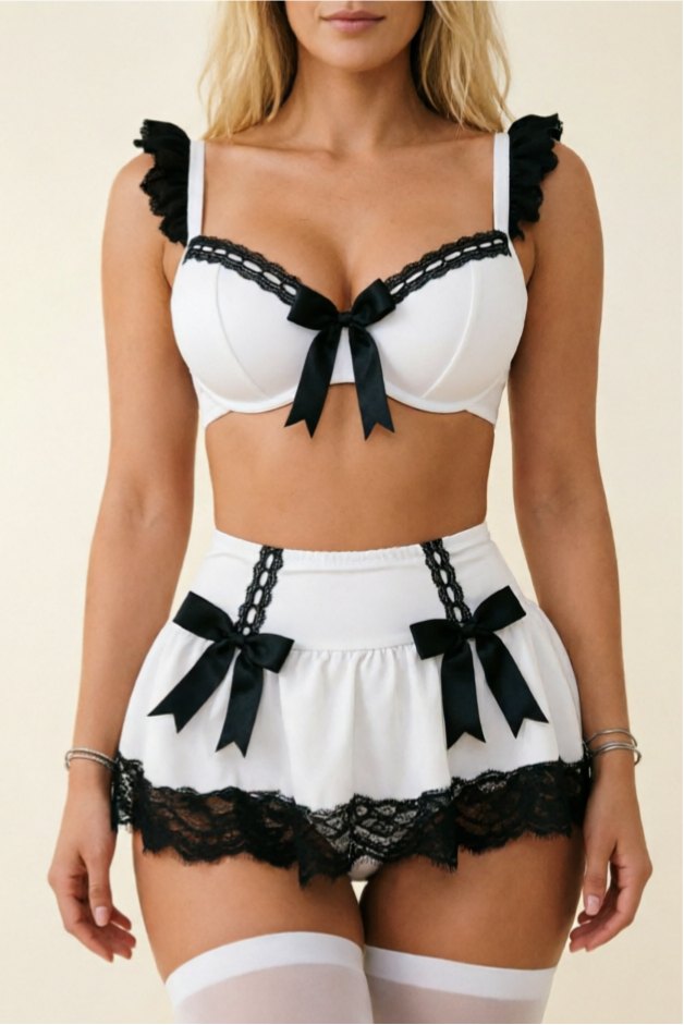 Black White french maid lace bow costume set