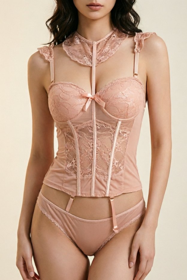 Pink french bow teddy with garter straps