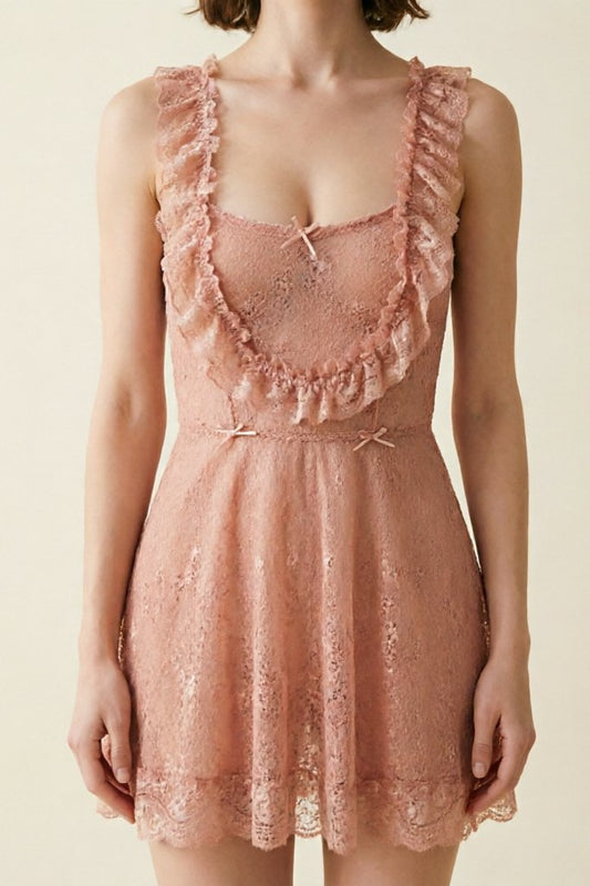 Pink french style sheer lace open back babydoll