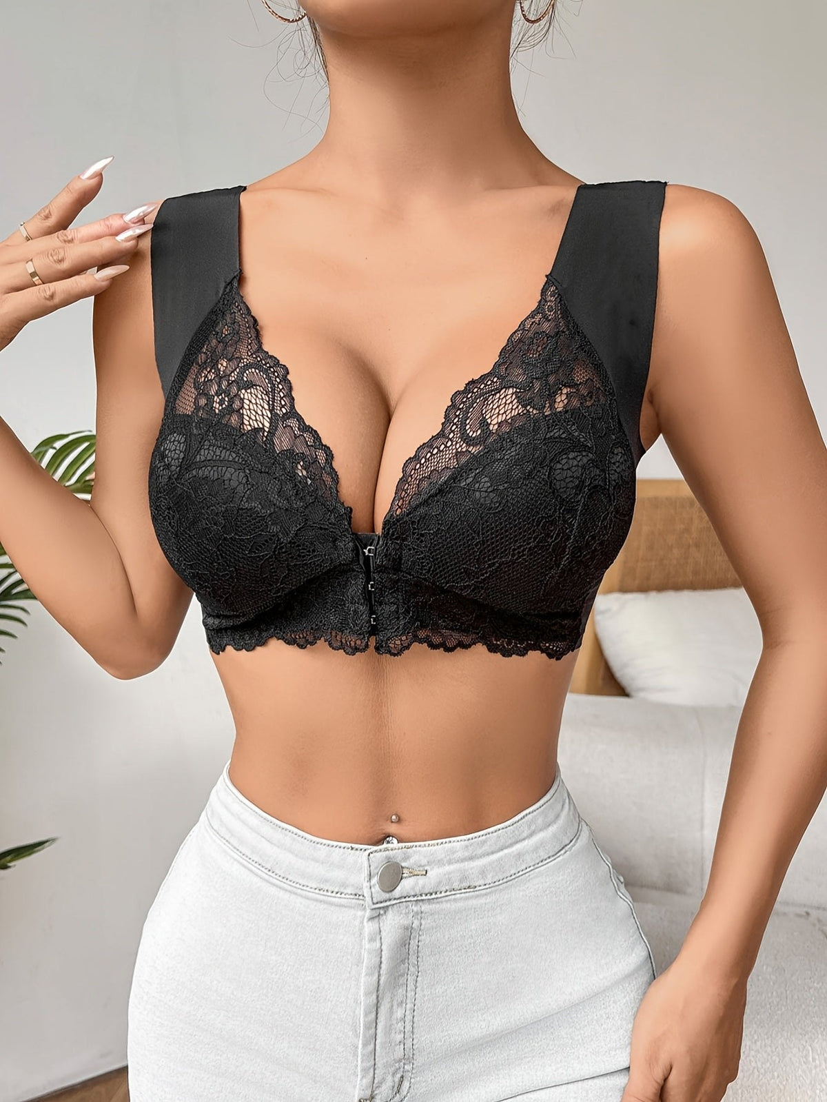 Black front closure deep v lace bralette