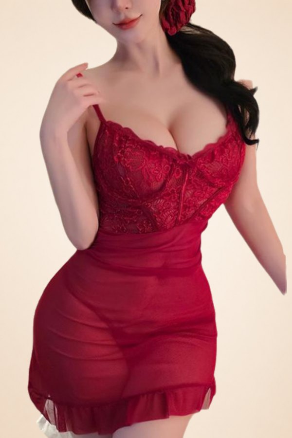 Red front zipper lace up sheer mesh chemise