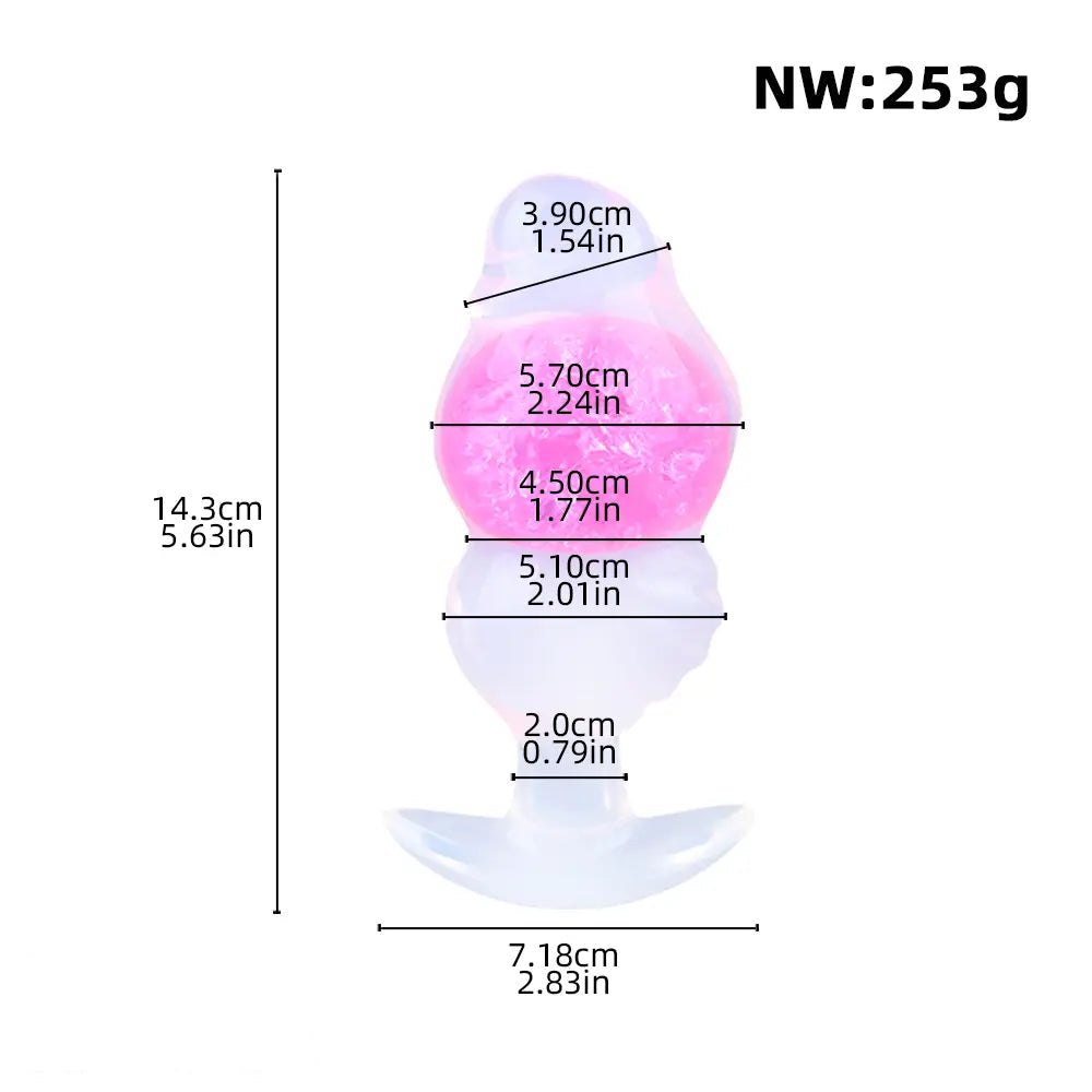Pink frosted silicone anal plug with crackled color core and flared base