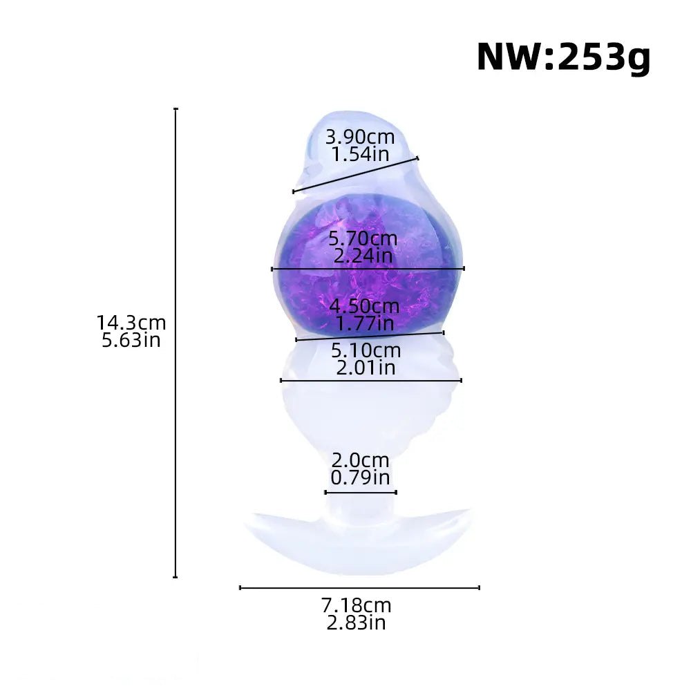 Purple frosted silicone anal plug with crackled color core and flared base