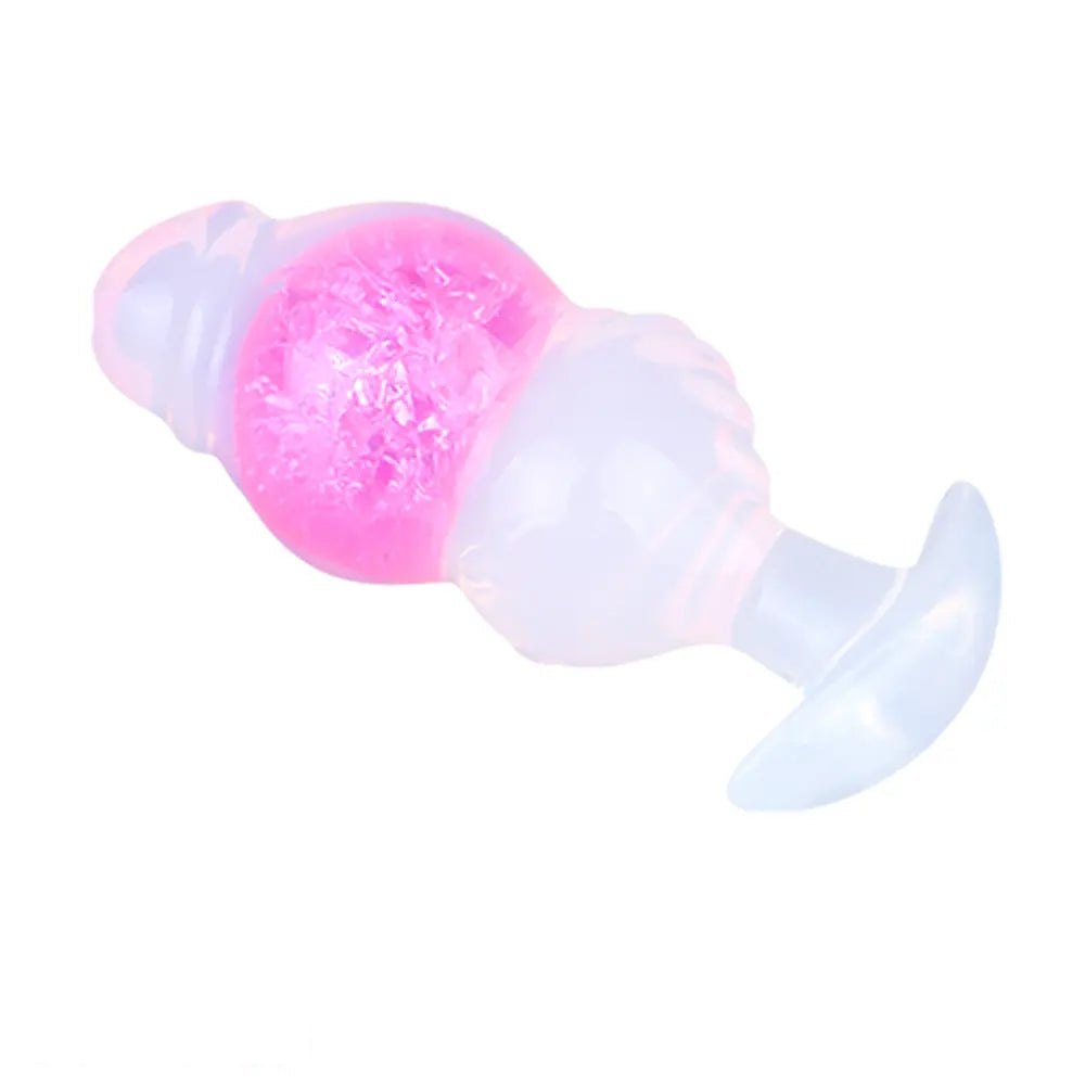 Frosted silicone anal plug with crackled color core and flared base, photo 10