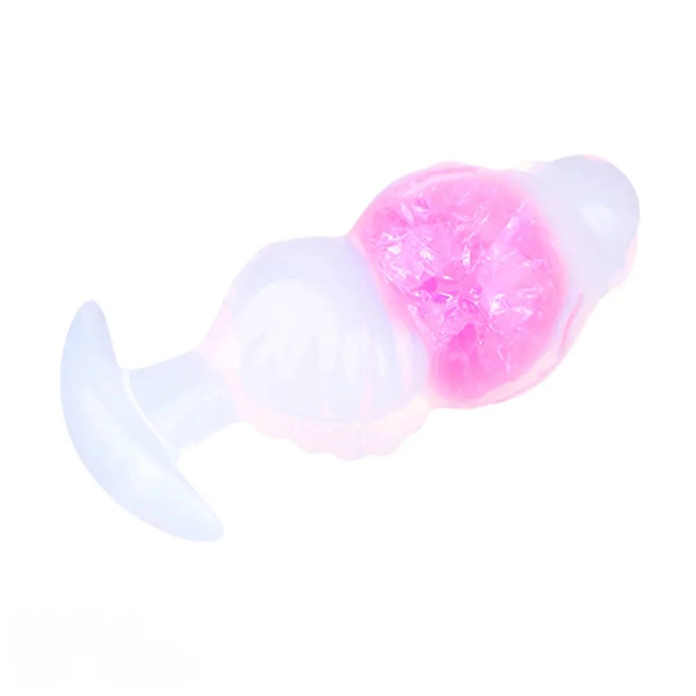 Frosted silicone anal plug with crackled color core and flared base, photo 11