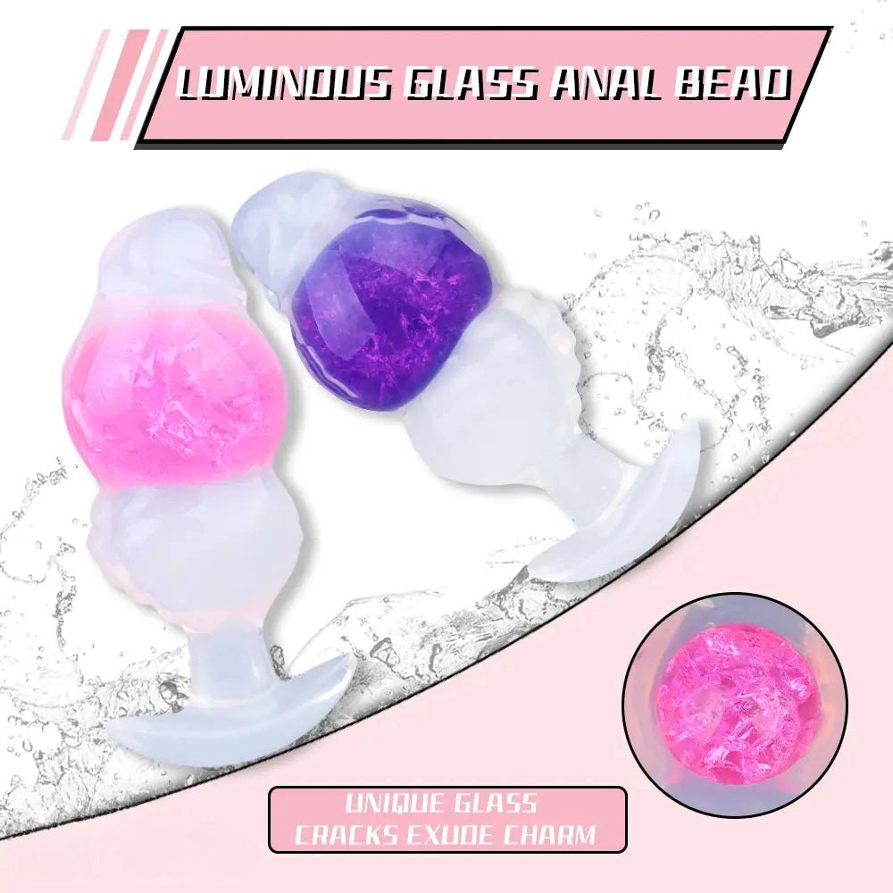 Frosted silicone anal plug with crackled color core and flared base, photo 2