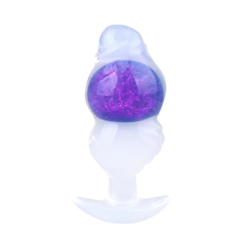 Frosted silicone anal plug with crackled color core and flared base, photo 6