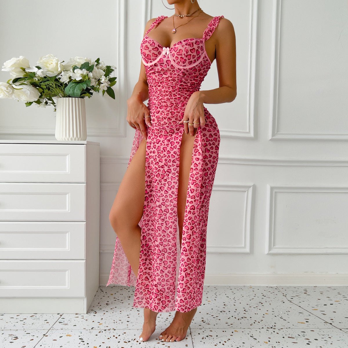 Fuchsia leopard print high slit chemise, photo 4