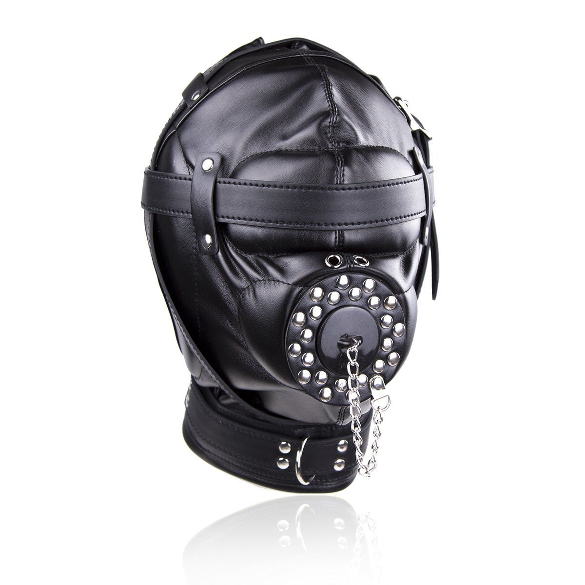 Faux leather full head bondage hood with mouth lid, photo 1
