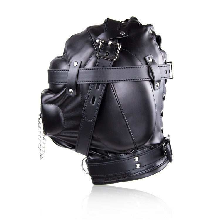Faux leather full head bondage hood with mouth lid, photo 2