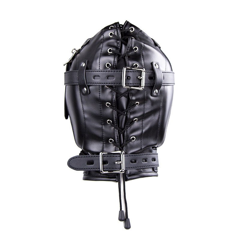 Faux leather full head bondage hood with mouth lid, photo 3