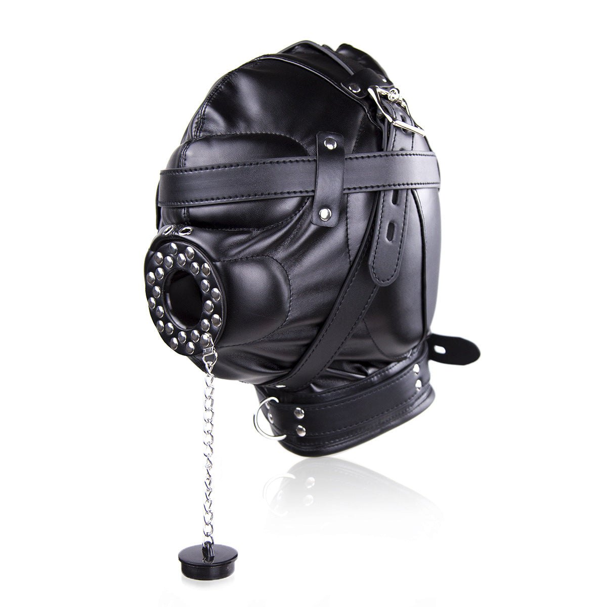Faux leather full head bondage hood with mouth lid, photo 4