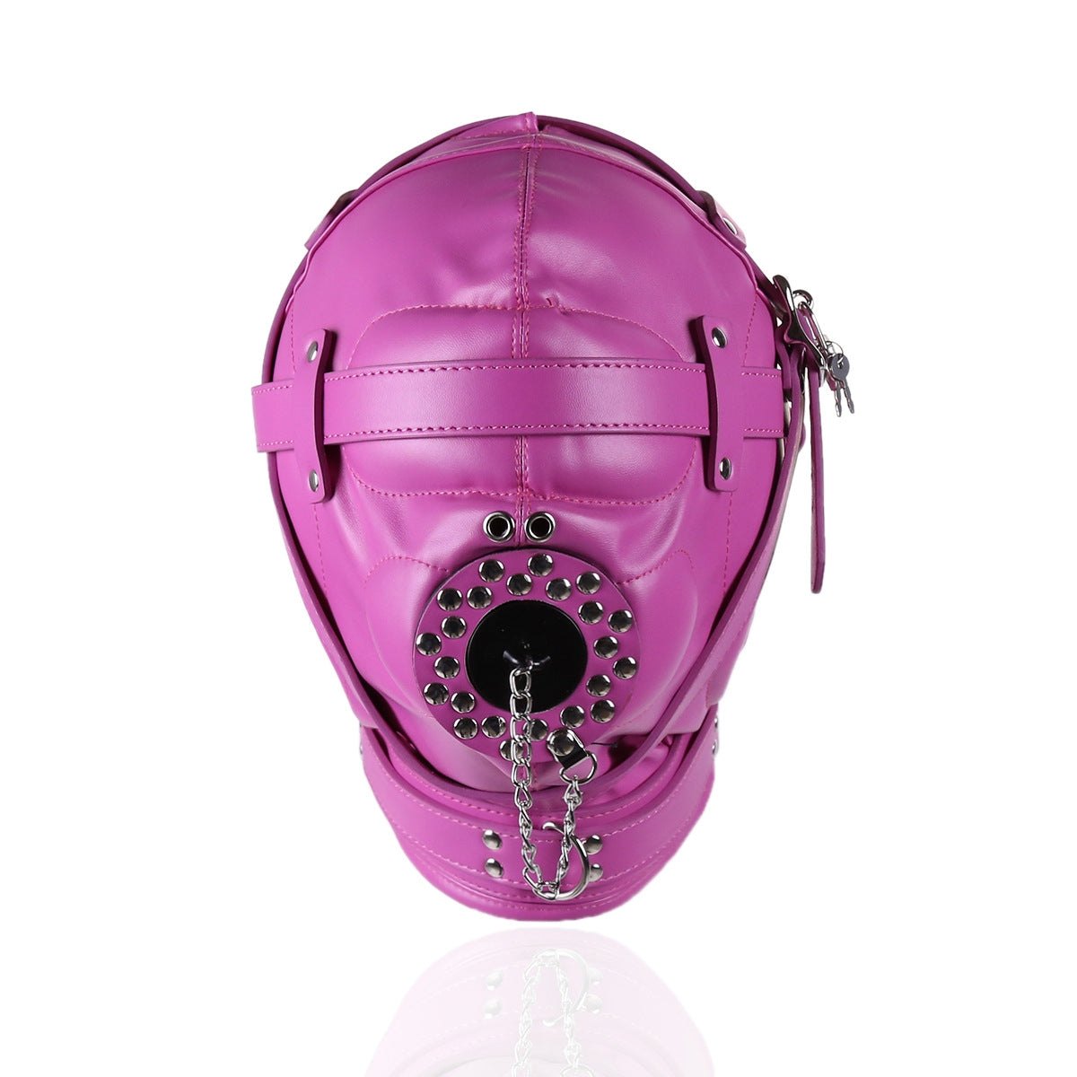 Faux leather full head bondage hood with mouth lid, photo 5