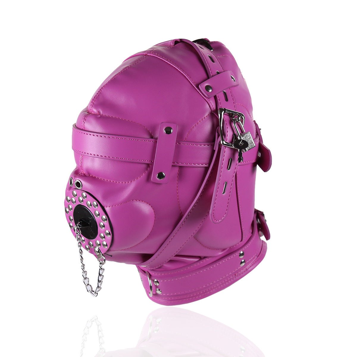 Faux leather full head bondage hood with mouth lid, photo 6