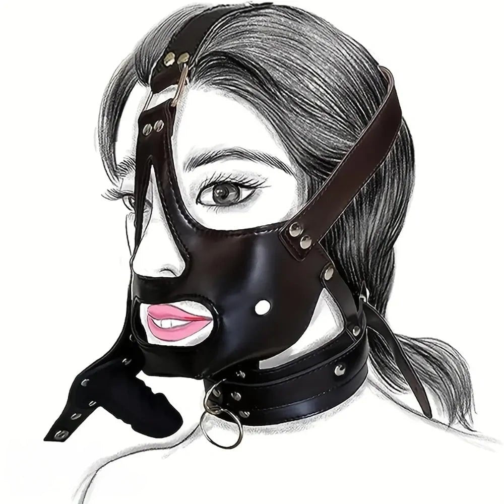 Black faux leather full head mouth gag mask, photo 1