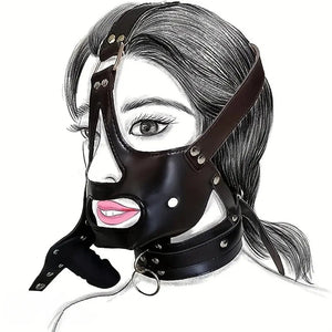 Black faux leather full head mouth gag mask, photo 1
