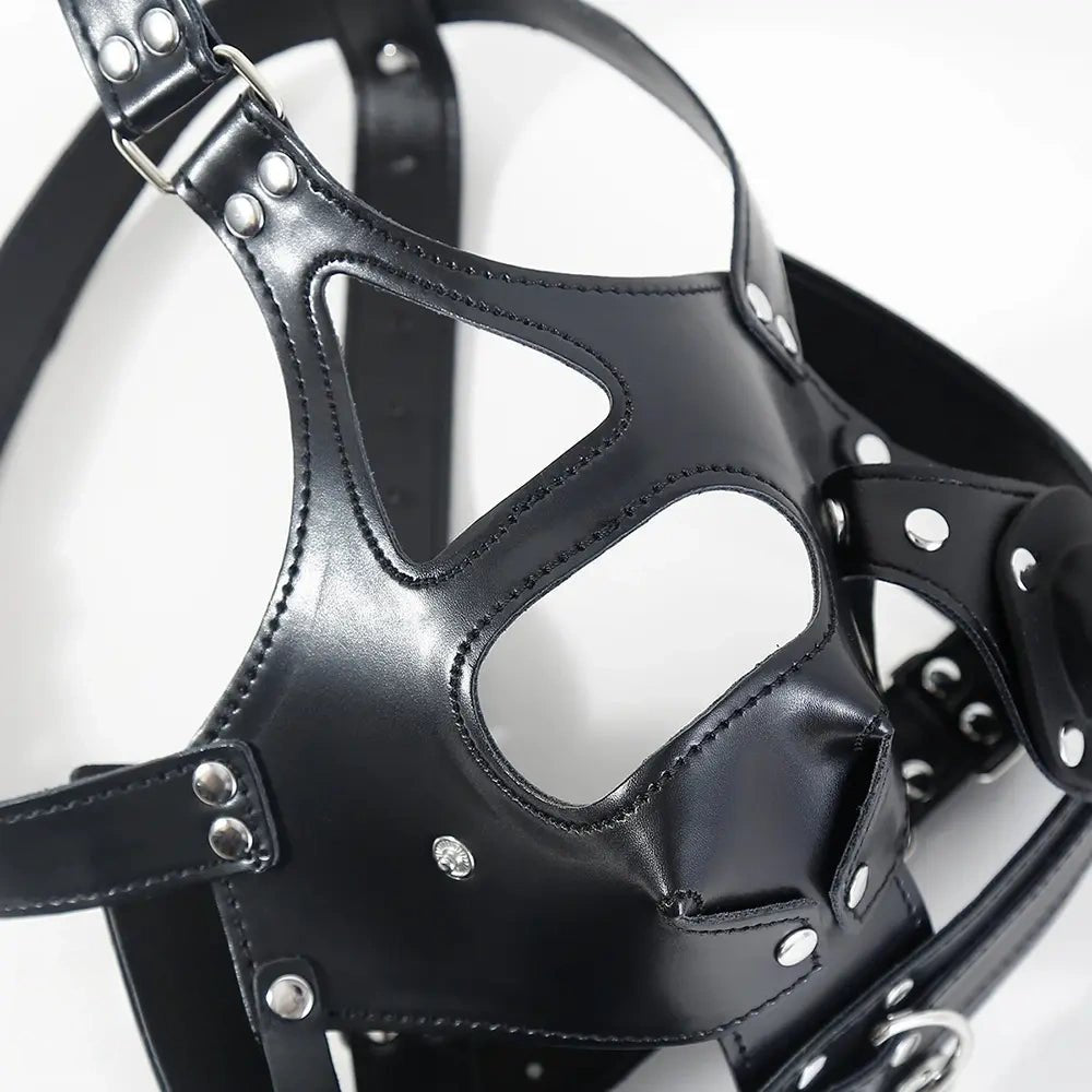 Black faux leather full head mouth gag mask, photo 11