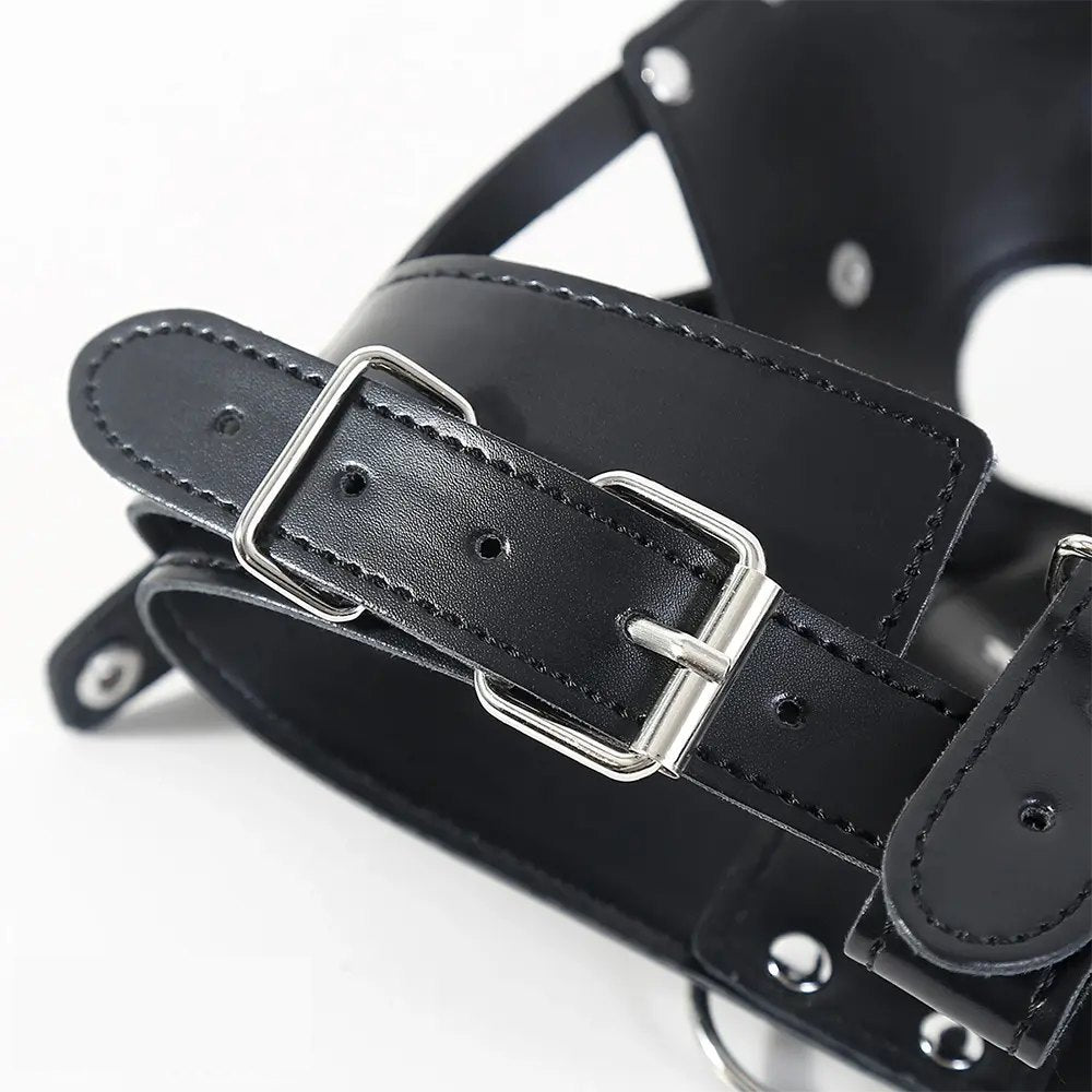 Black faux leather full head mouth gag mask, photo 12