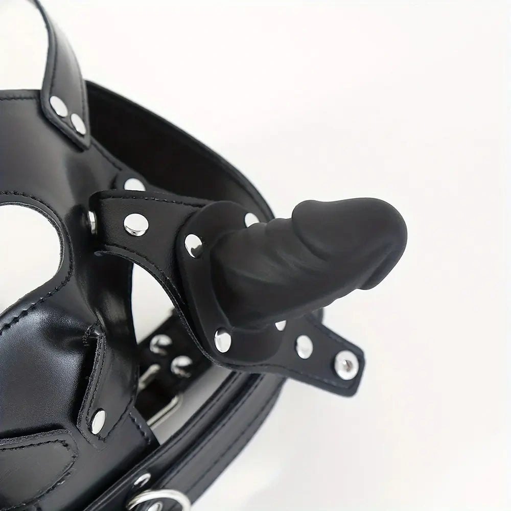 Black faux leather full head mouth gag mask, photo 2