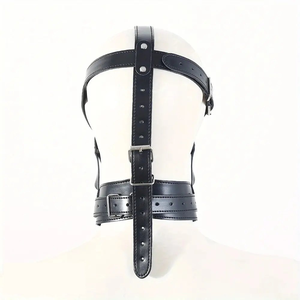 Black faux leather full head mouth gag mask, photo 3
