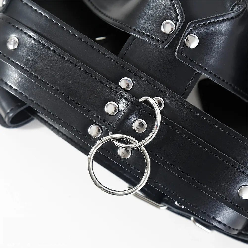 Black faux leather full head mouth gag mask, photo 4