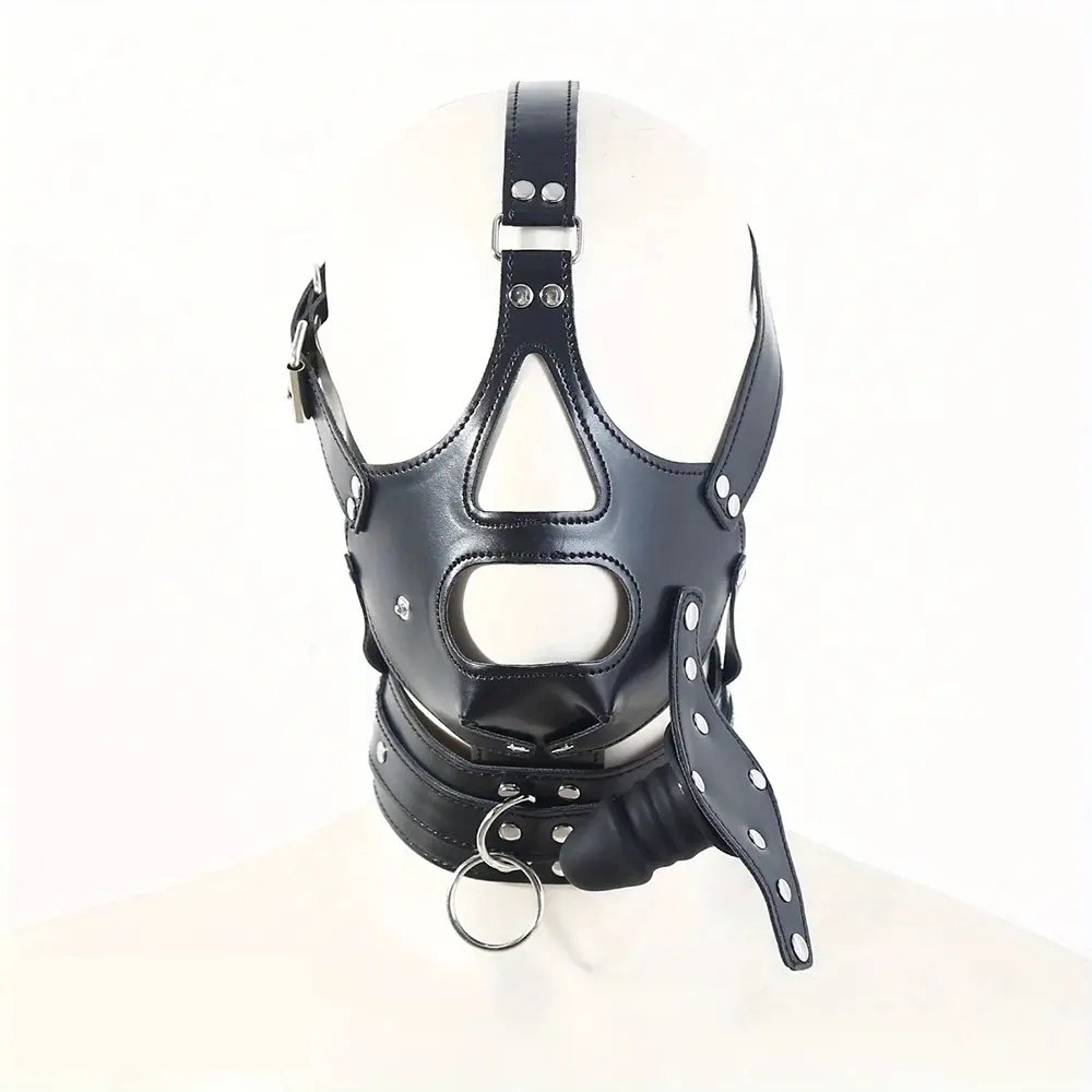 Black faux leather full head mouth gag mask, photo 5