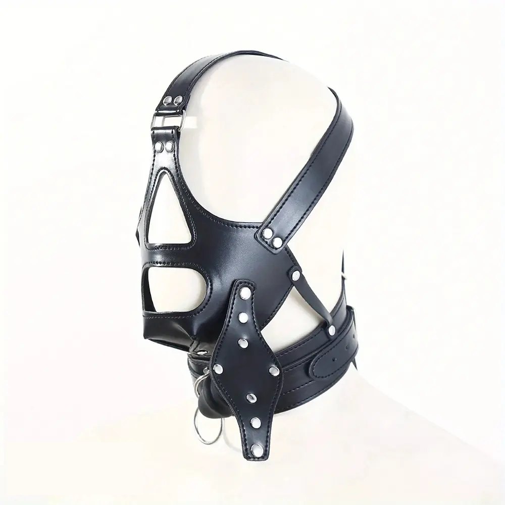 Black faux leather full head mouth gag mask, photo 6