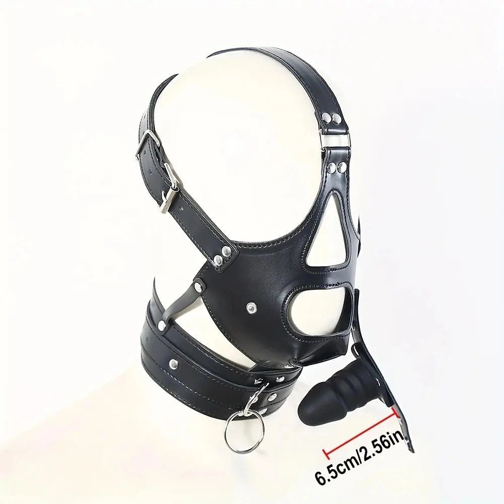 Black faux leather full head mouth gag mask, photo 8