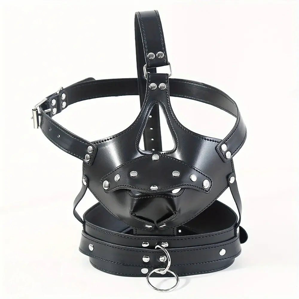 Black faux leather full head mouth gag mask, photo 9