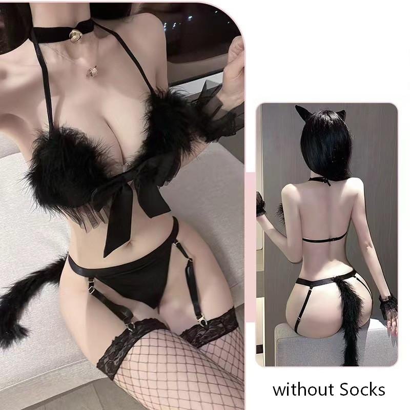 Black [without Socks] fur trim holiday garter choker costume set