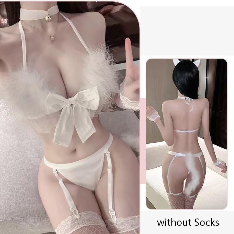 White [without Socks] fur trim holiday garter choker costume set