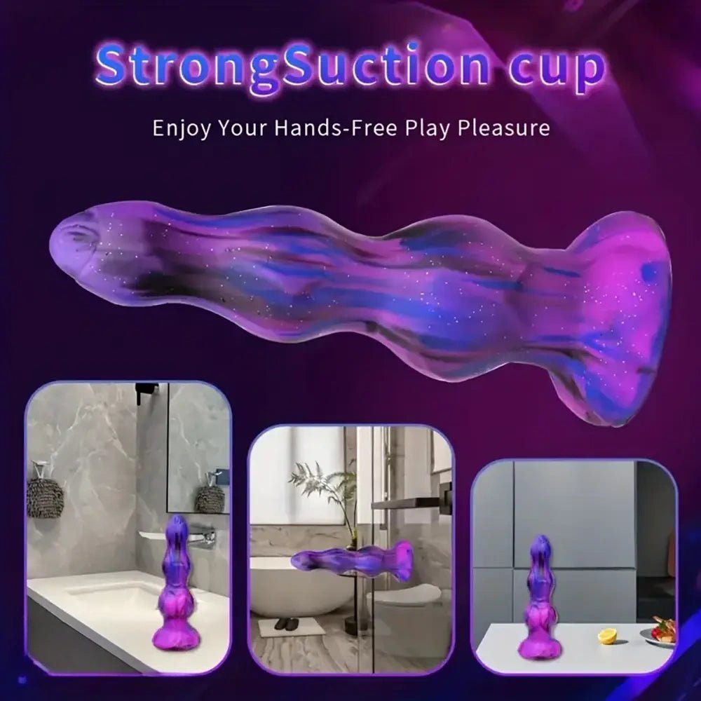 Galaxy colored ribbed fantasy dildo with suction cup base, photo 9