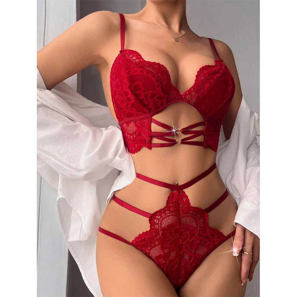 Gathered lace crisscross bra thong set, photo 1