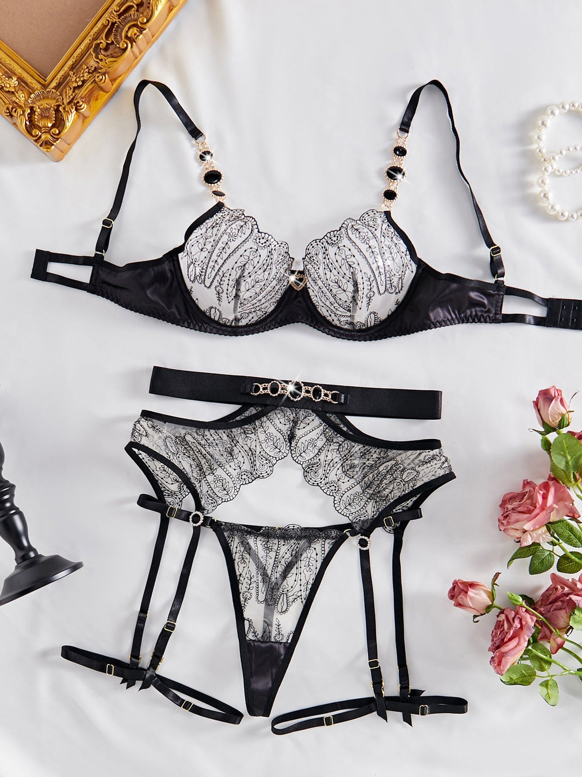 Gemstone chain embroidered lingerie bra set, photo 5