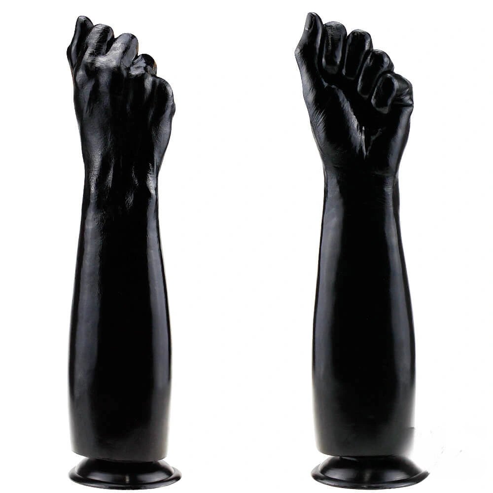 Black fist and forearm shaped realistic dildo with suction cup base