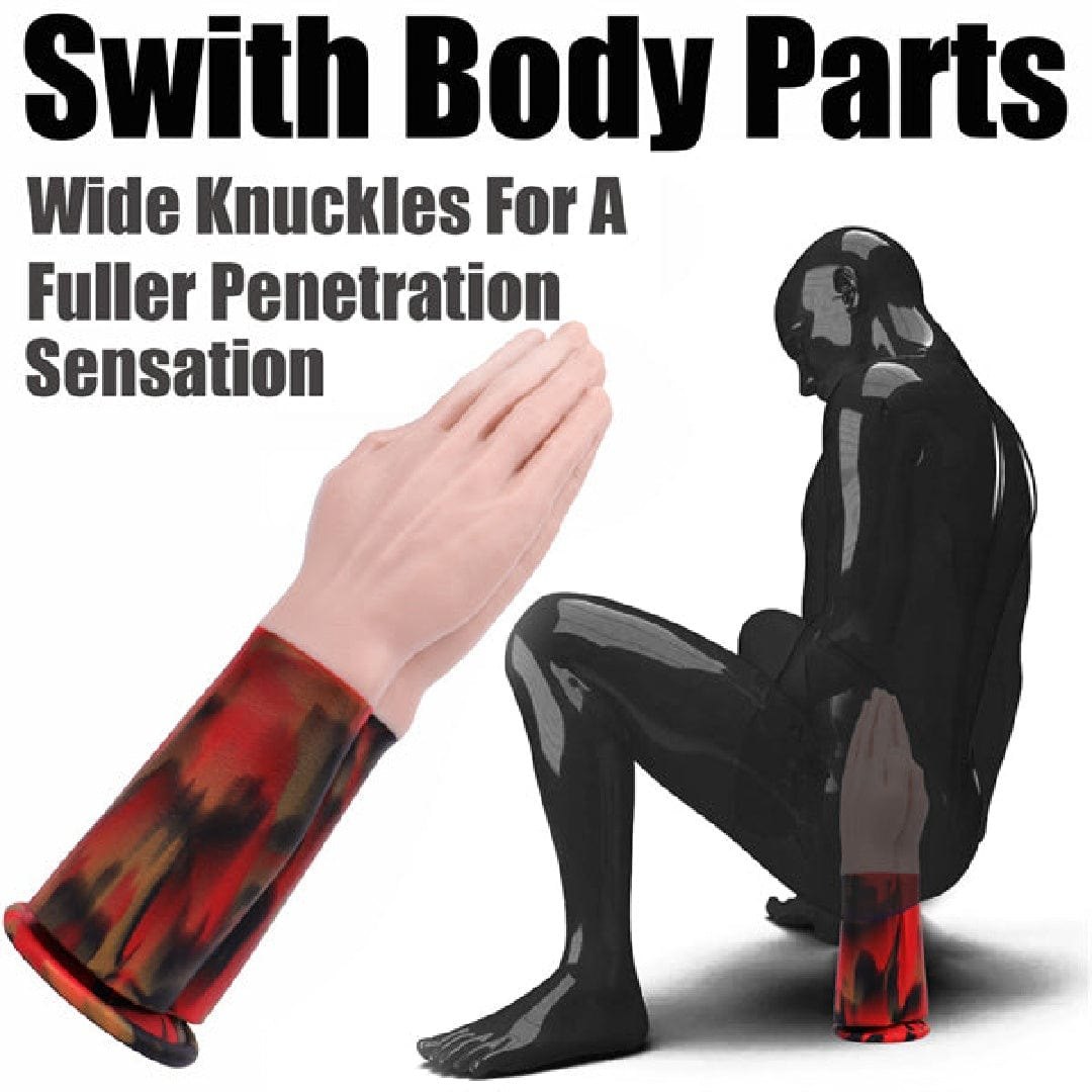 Giant two-tone hand-shaped silicone fantasy dildo with marbled arm base, photo 2