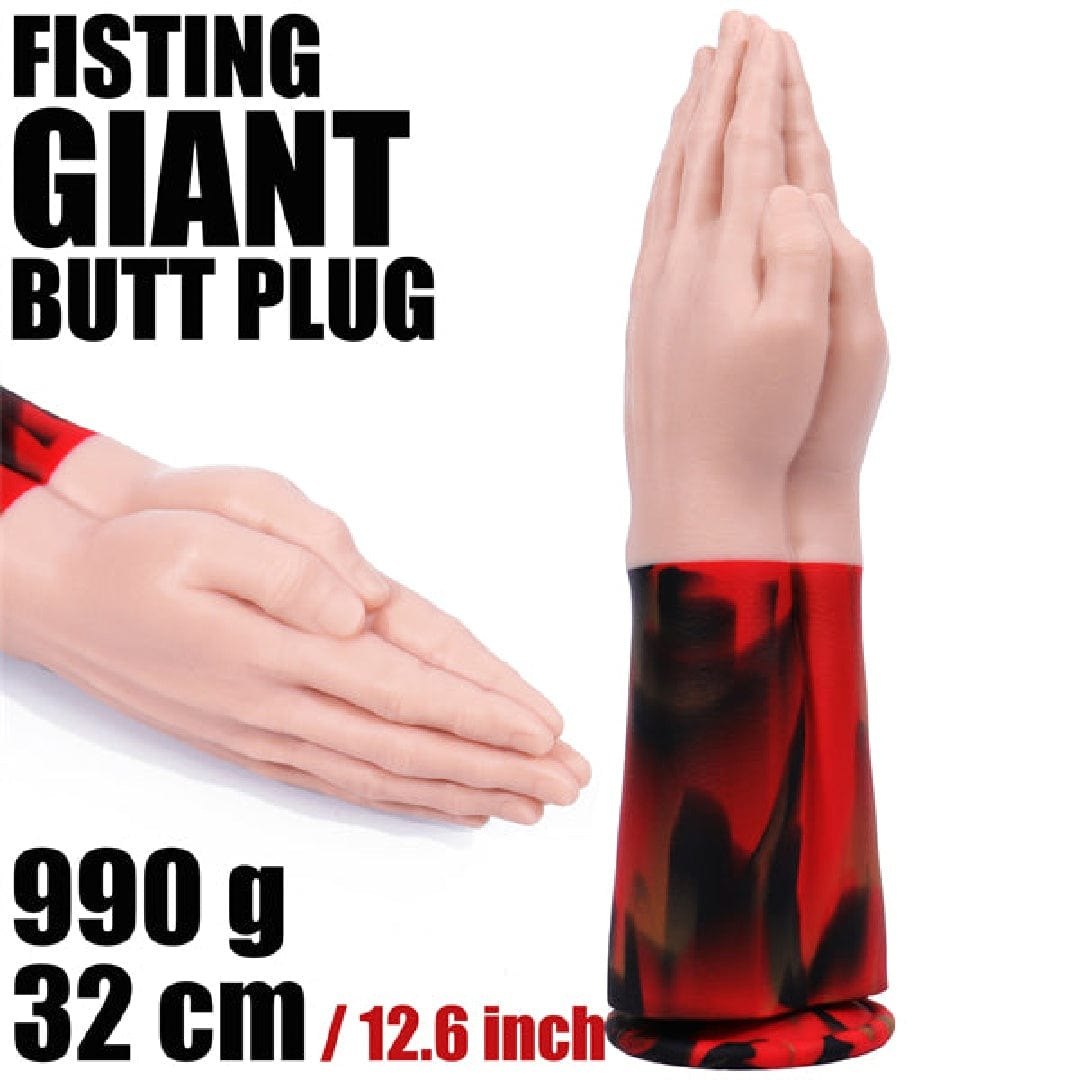 Giant two-tone hand-shaped silicone fantasy dildo with marbled arm base, photo 4