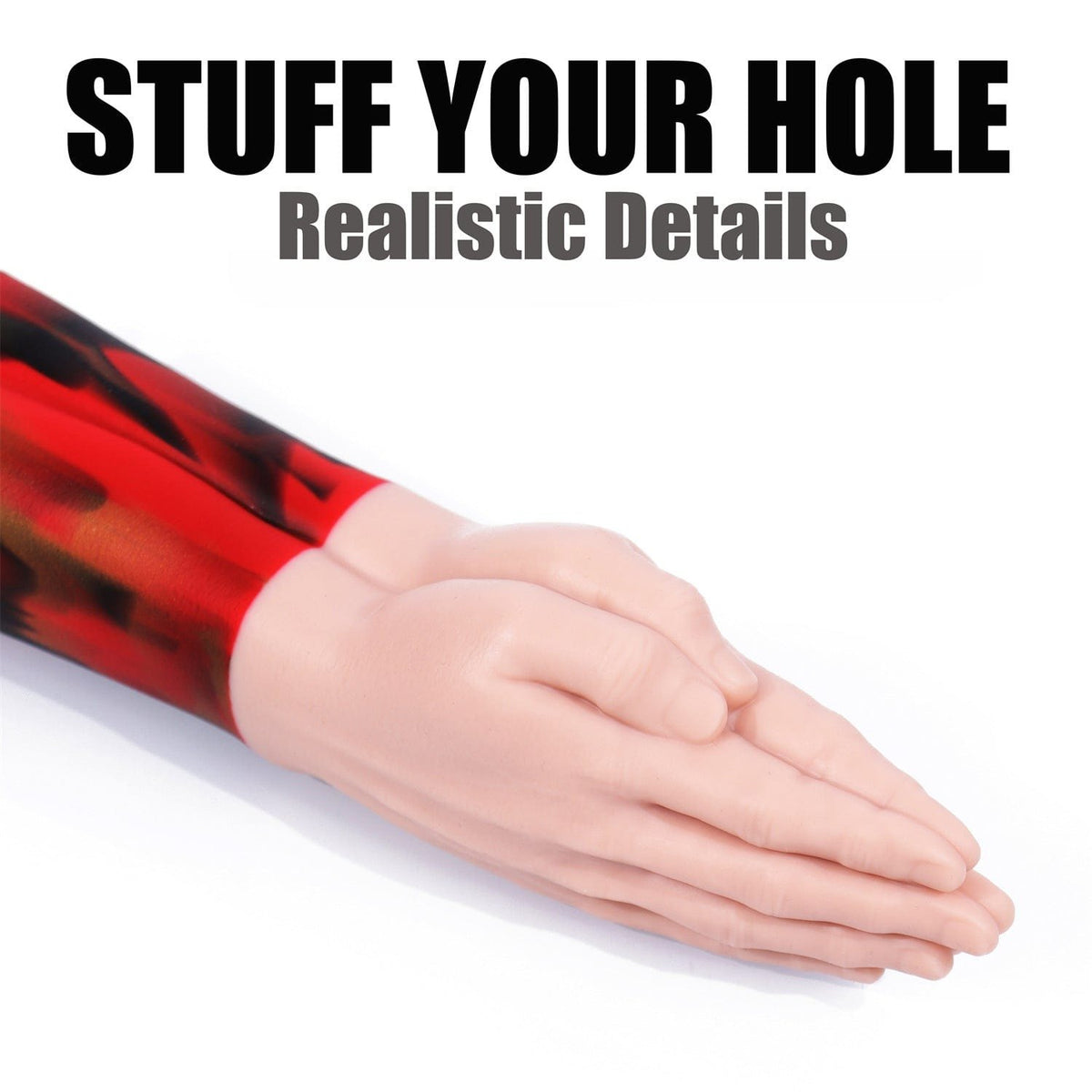 Giant two-tone hand-shaped silicone fantasy dildo with marbled arm base, photo 5