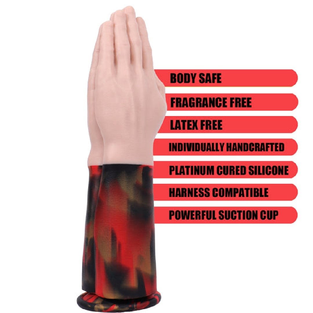 Giant two-tone hand-shaped silicone fantasy dildo with marbled arm base, photo 7