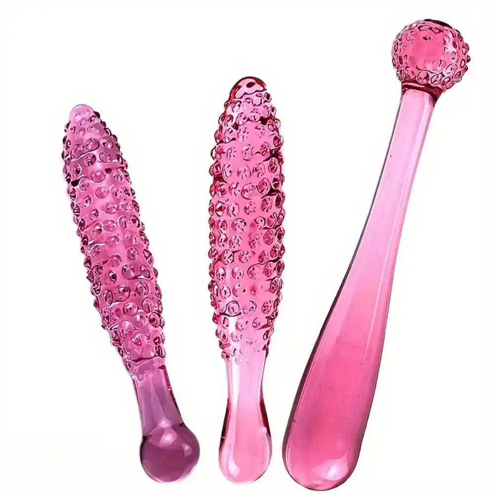 Pink textured glass dildo set, photo 1