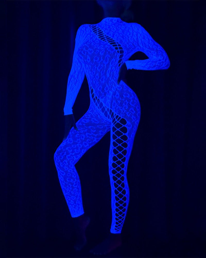 White(blue) glow in the dark blue fishnet bodystocking