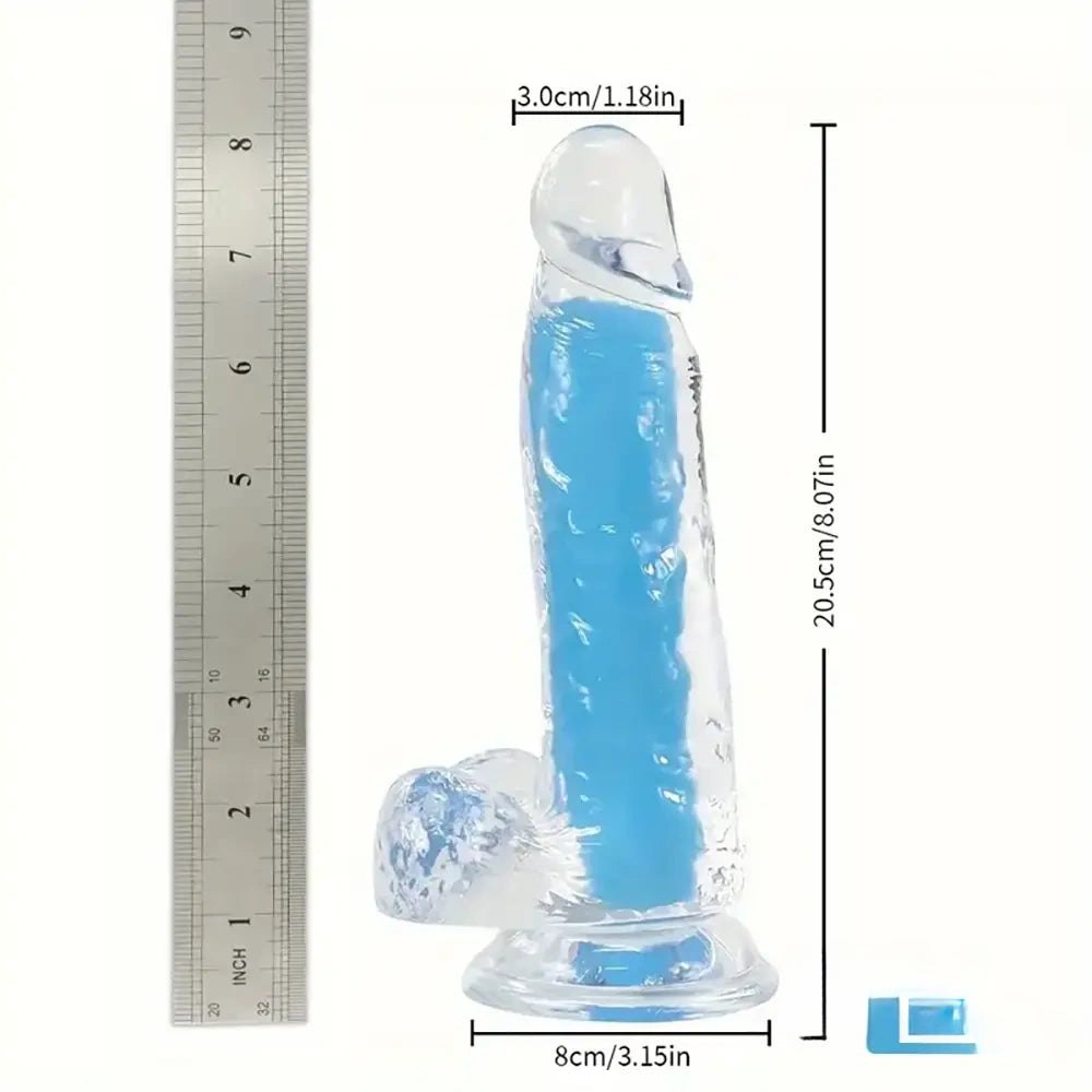 Blue glow in the dark clear jelly dildo