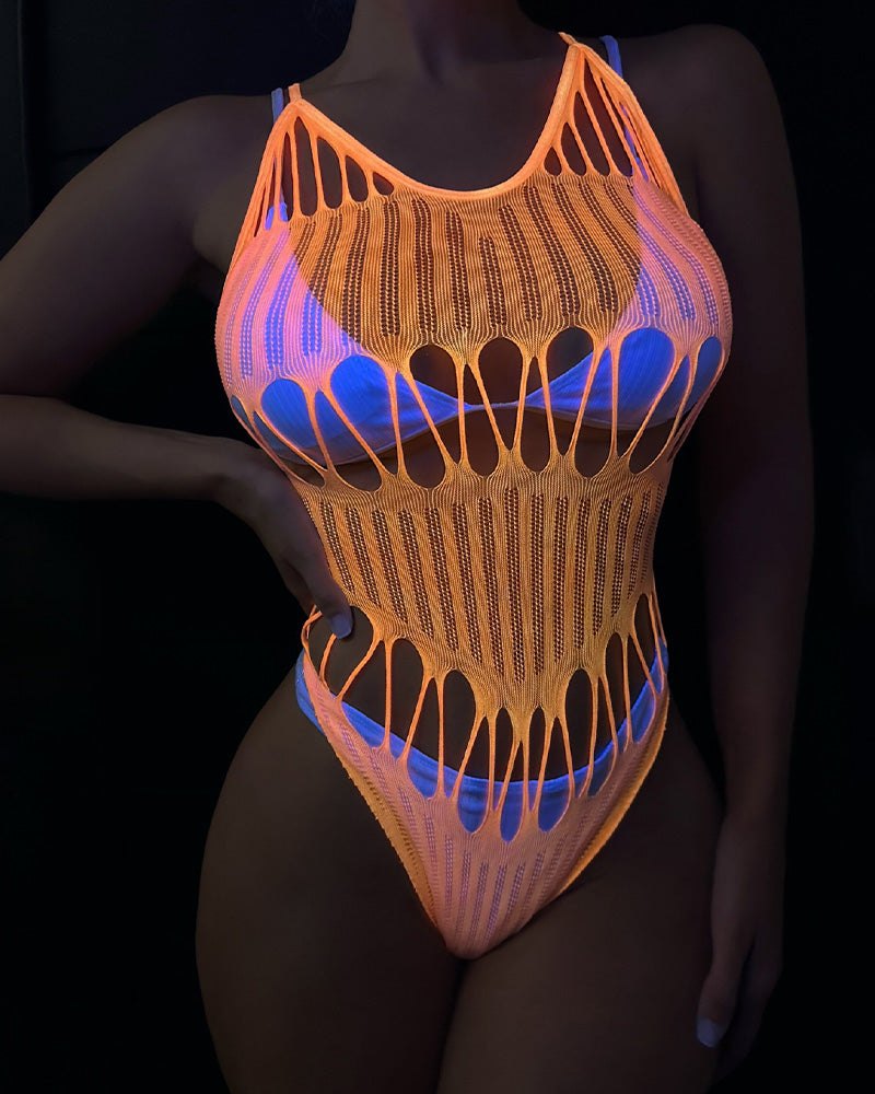 Pink glow in the dark pink mesh bodysuit