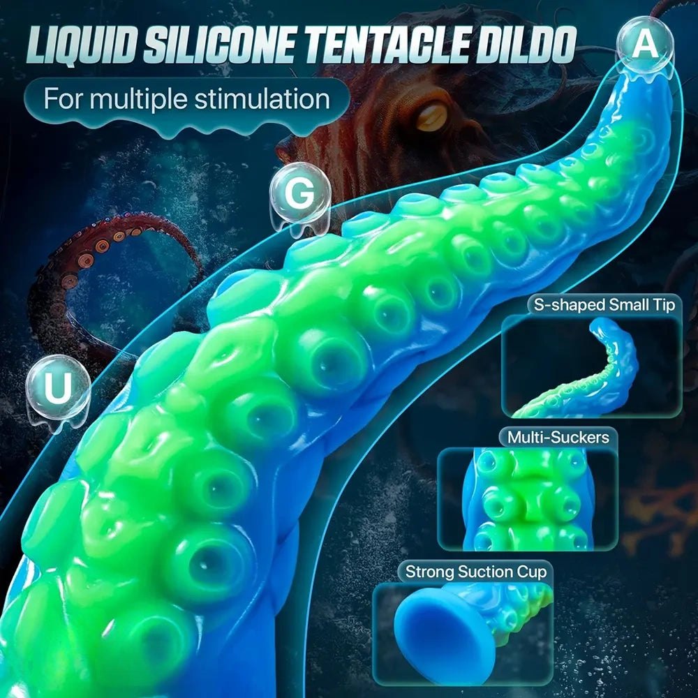 Glow in the dark blue green silicone tentacle dildo, photo 2