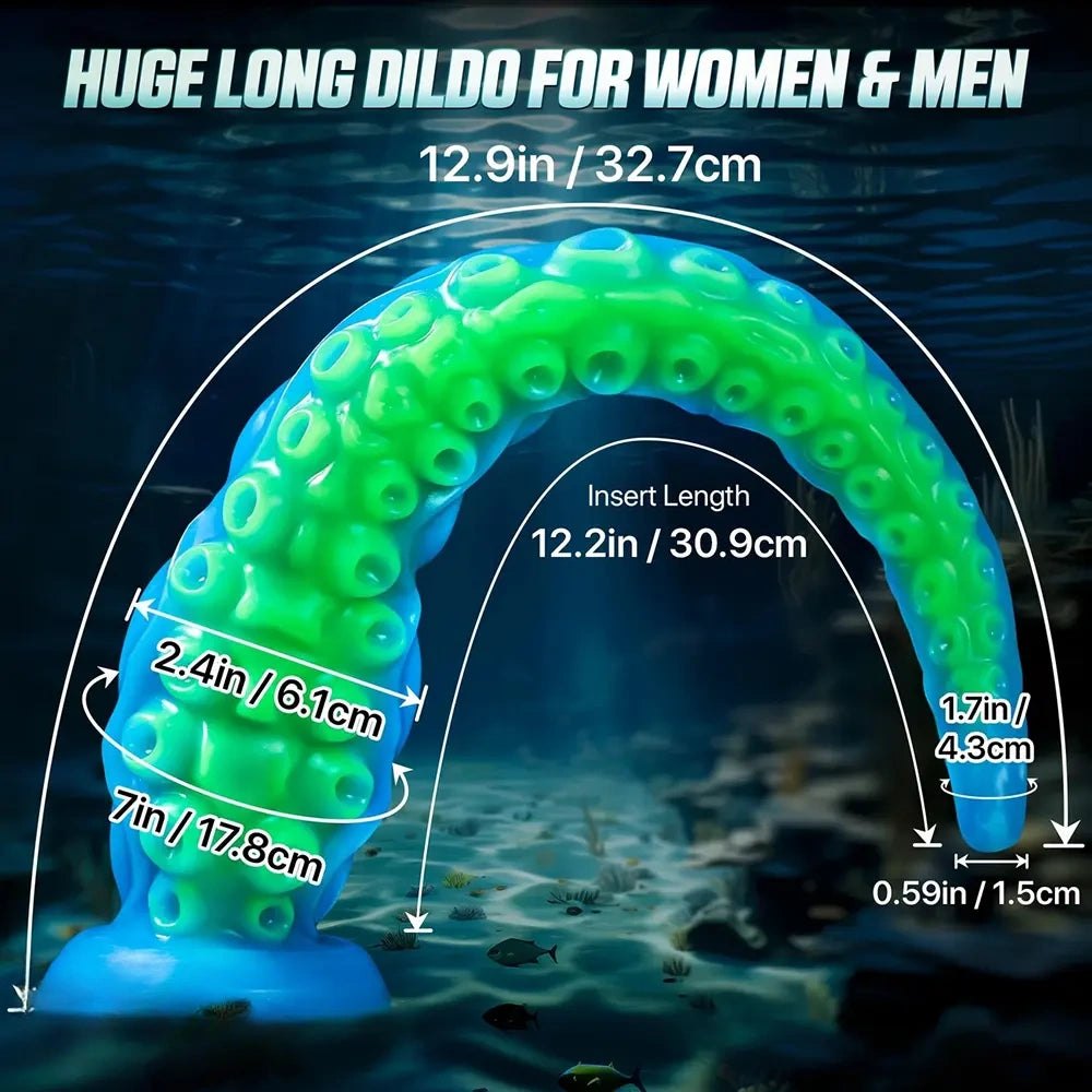 Glow in the dark blue green silicone tentacle dildo, photo 3